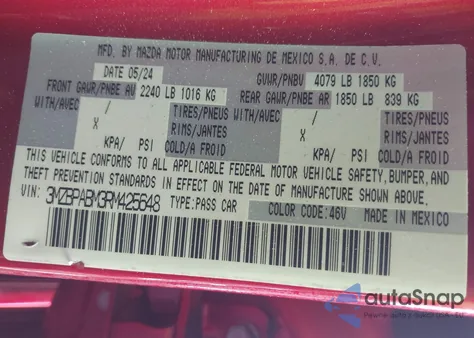 2024 Mazda Mazda3 2.5 S Select Sport из США, поврежденный, VIN 3MZBPABM3RM425648